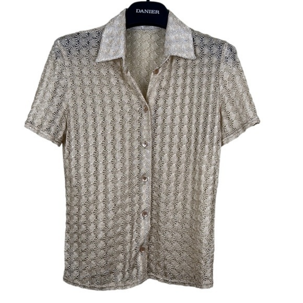 Crochet-like‎ button front tan blouse size small